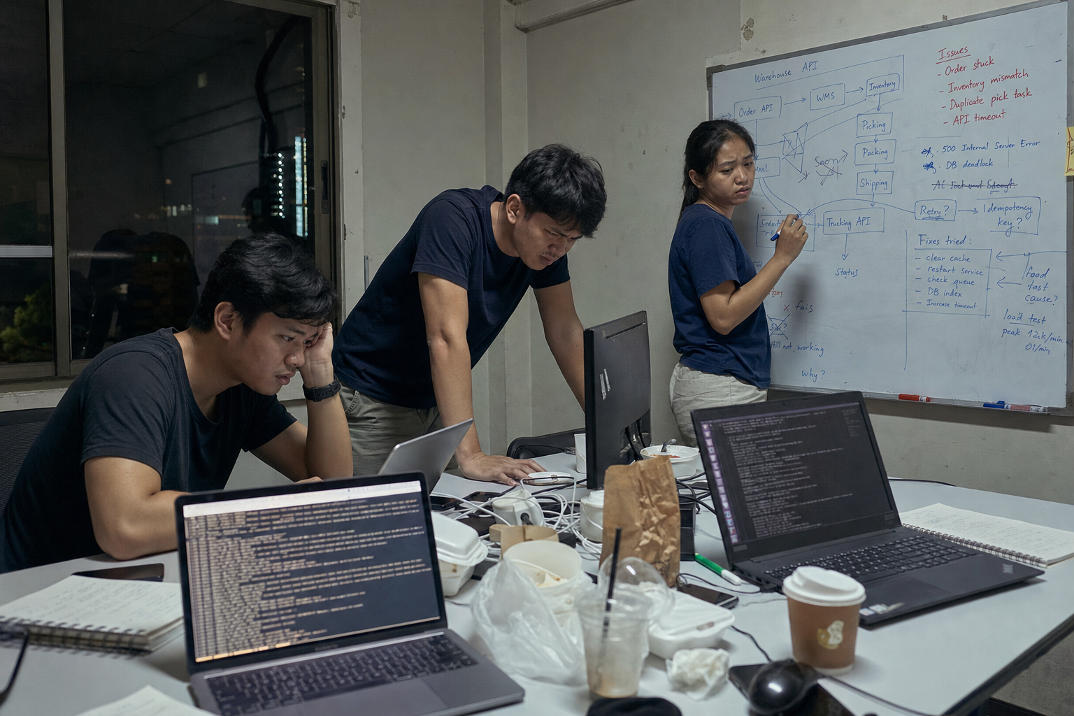 Three young Southeast Asian engineers struggling to resolve a late-night warehouse software incident