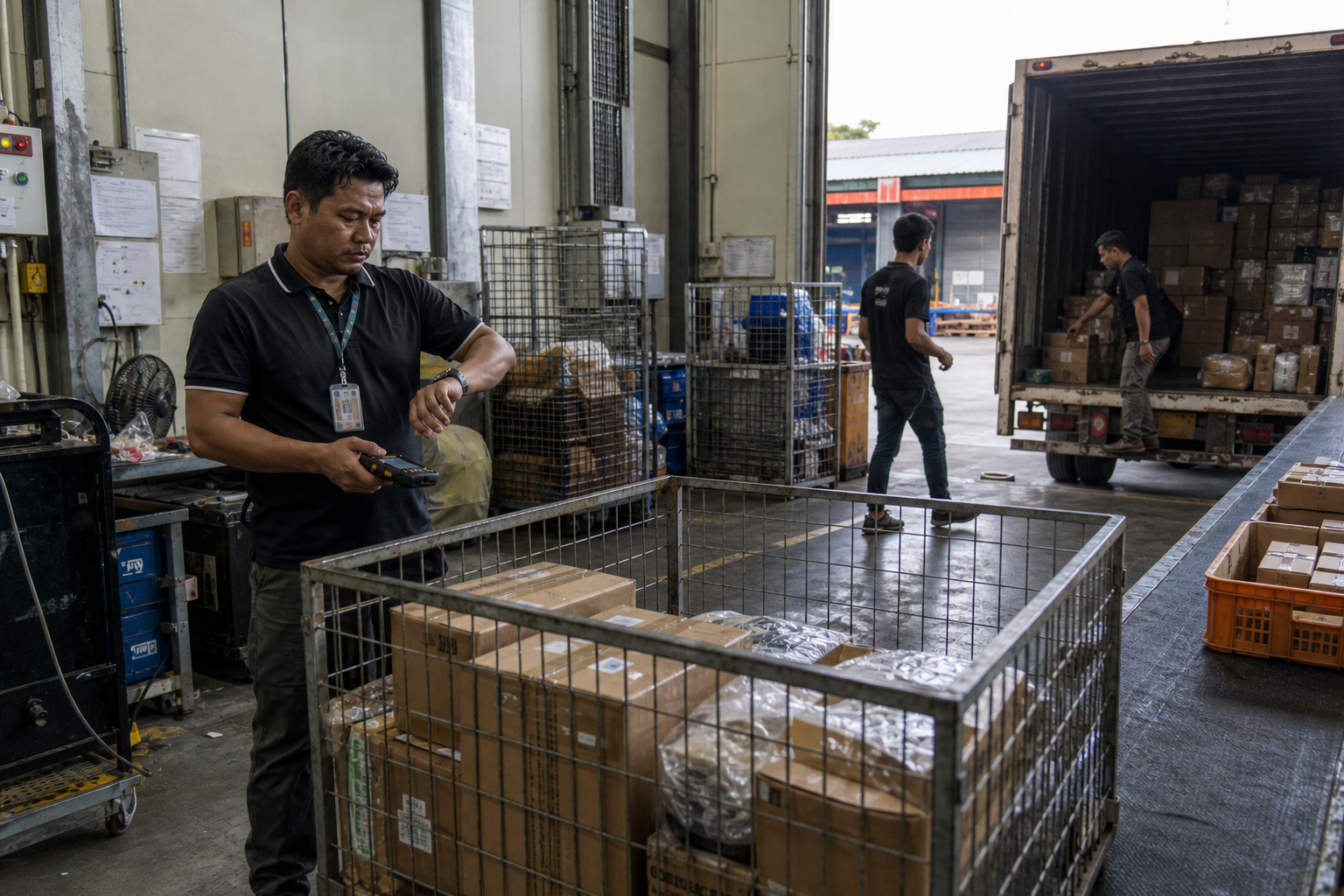 Dispatch staging area with parcels waiting near carrier collection