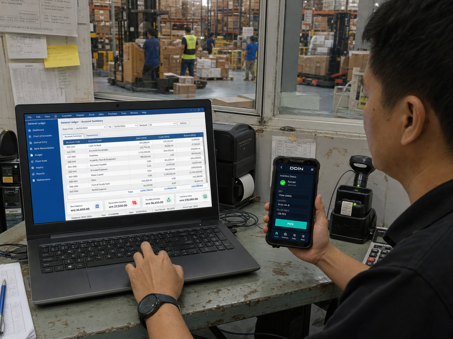 Warehouse systems lead comparing an accounting ERP ledger with a synced ODIN mobile inventory task