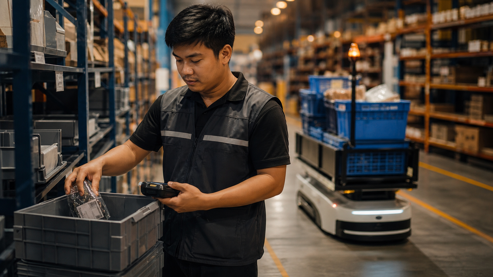 Warehouse operator using a guided scanner while warehouse automation works in the background