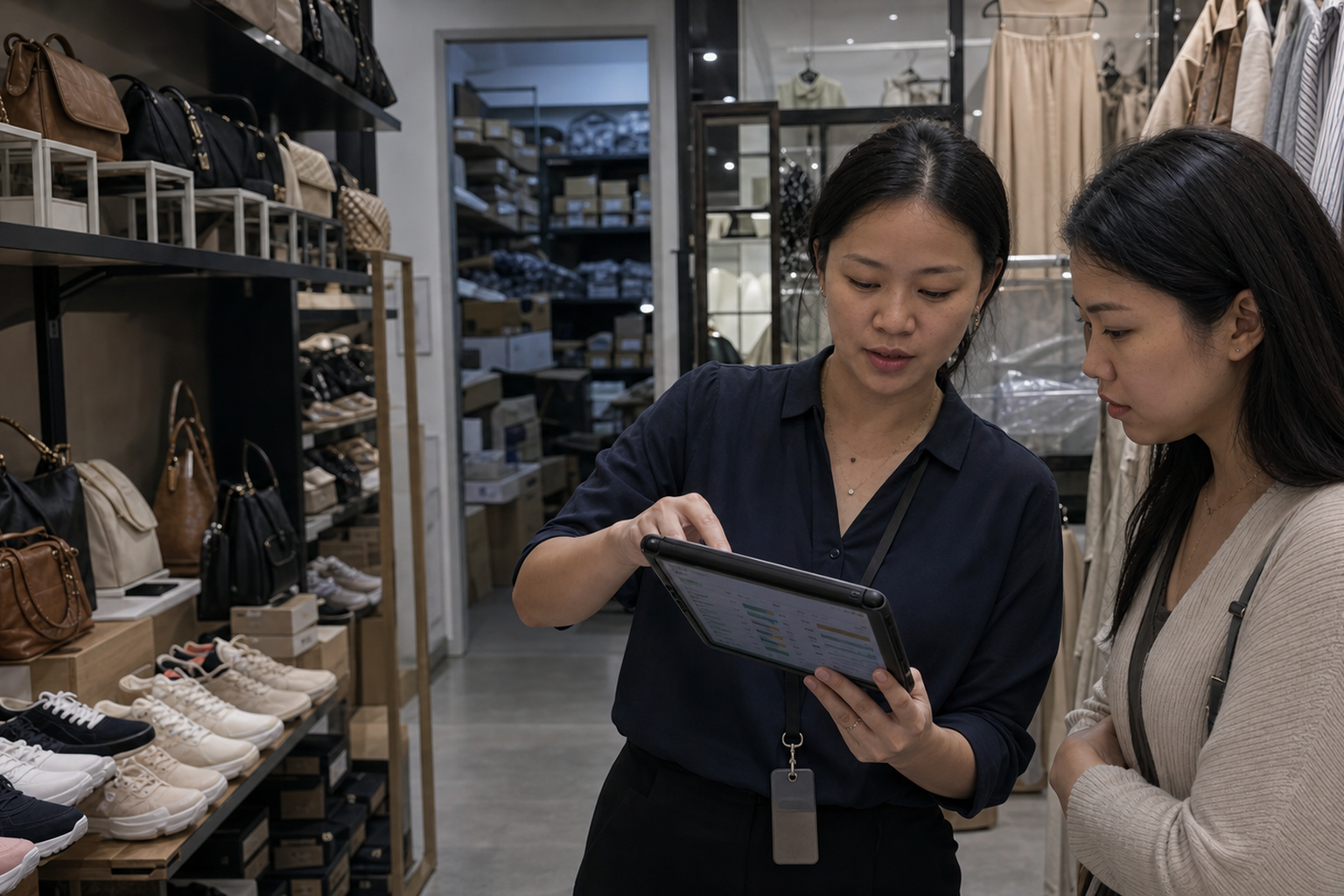 Retail associate helping a customer find available stock across stores and the central warehouse