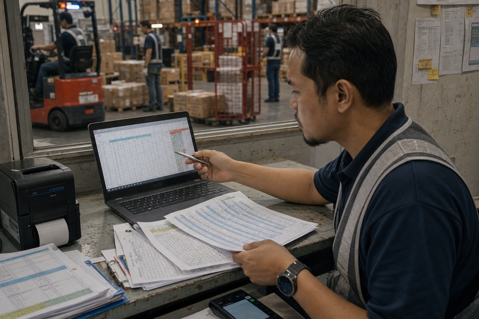Warehouse team waiting while a supervisor reconciles conflicting spreadsheets and printed inventory lists