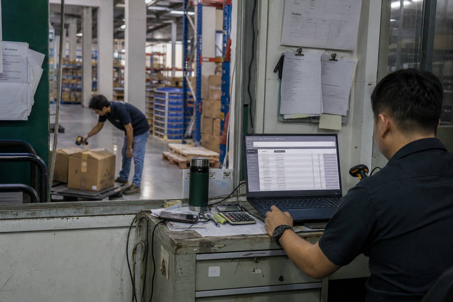 Warehouse coordinator reviewing transaction records while an operator scans the corresponding physical stock