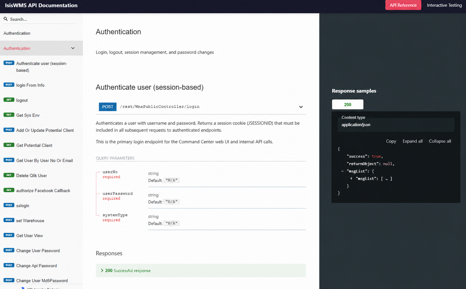 Actual ODIN WMS API documentation showing an authentication endpoint, request parameters and response sample