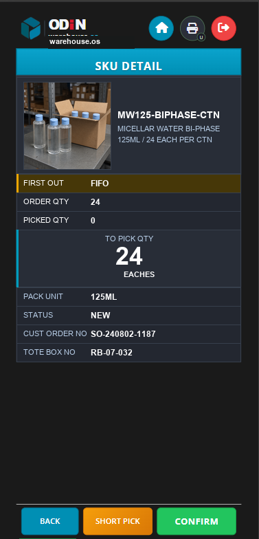 ODIN mobile picking screen showing the item, quantity and guided task