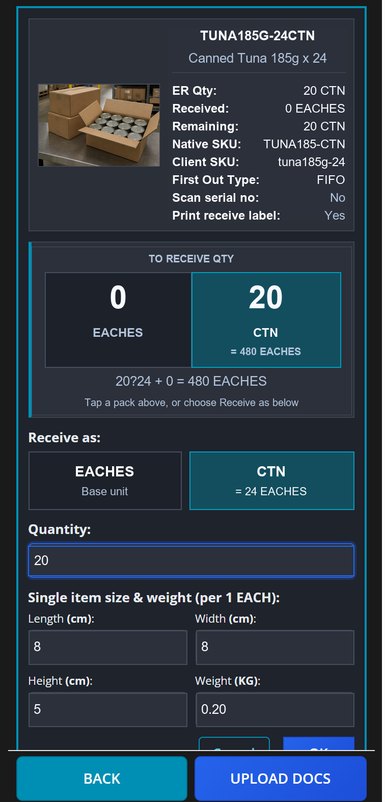 ODIN mobile receiving screen guiding pack-size conversion and item confirmation