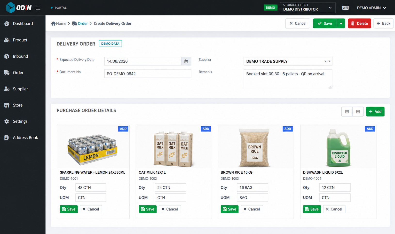 Sanitised ODIN supplier portal delivery order populated with fictional demo PO and product data