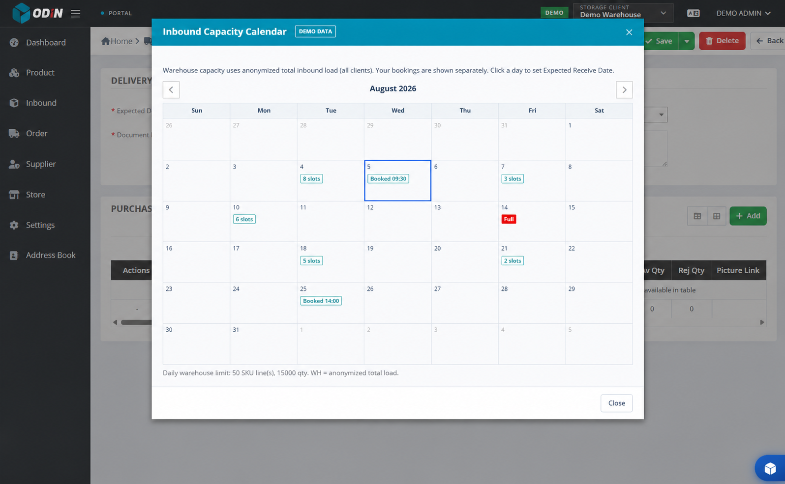 Sanitised ODIN supplier portal inbound capacity calendar populated with fictional demo bookings