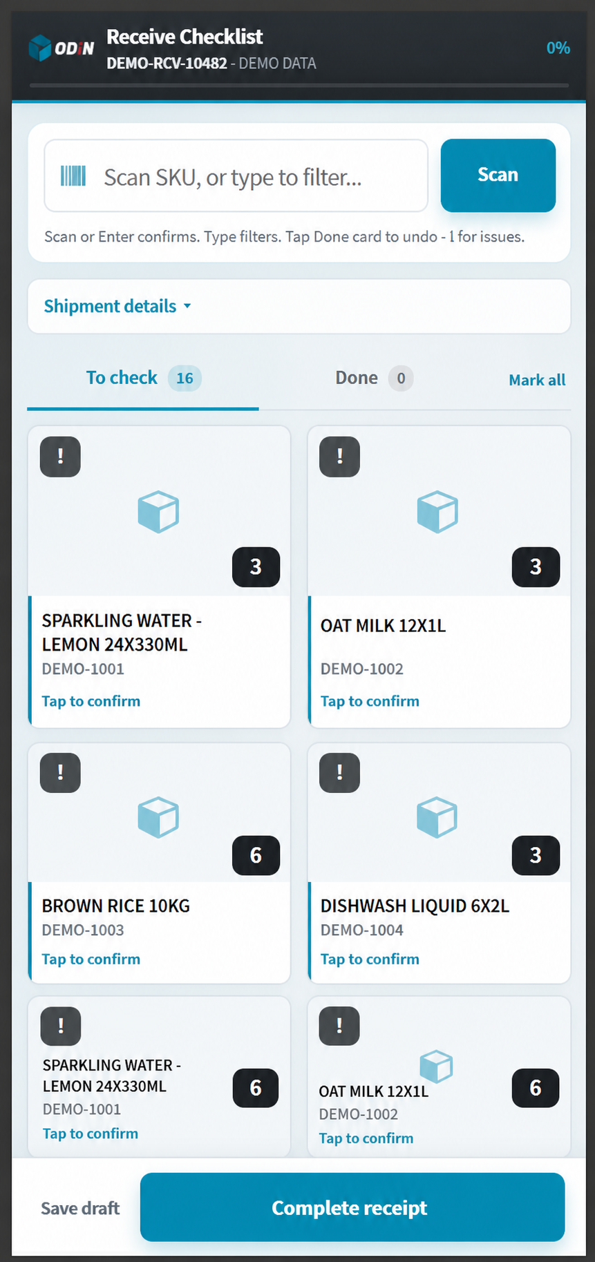 ODIN browser-based customer receipt checklist for confirming delivery and reporting exceptions